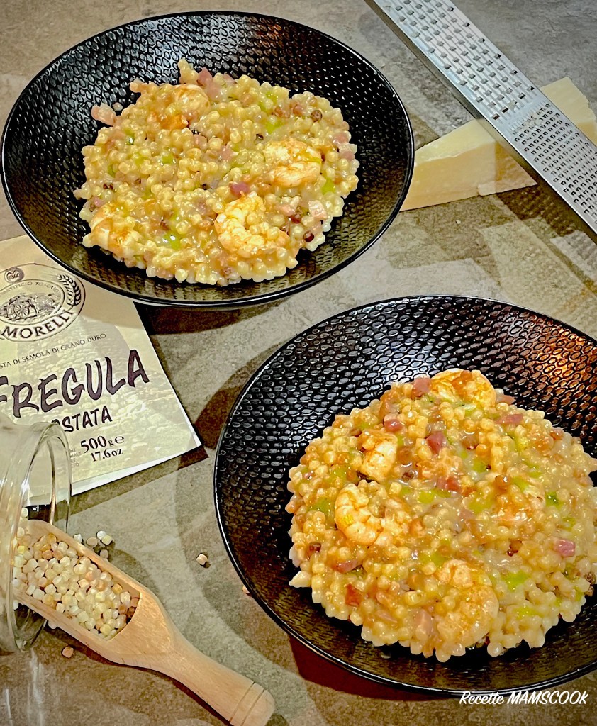 Risotto de Frégola Sarda aux crevettes et au chorizo