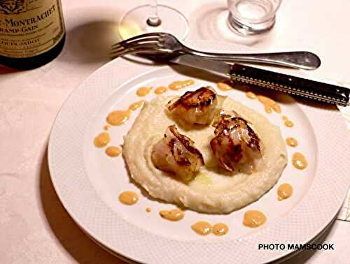 Saint Jacques snackées et lard de Noir de Bigorre sur purée de chou fleur et crème de corail.