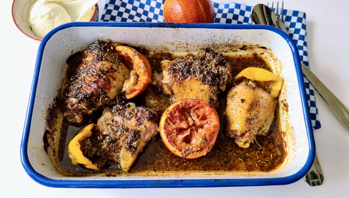 Poulet à l’orientale et à l’orange sanguine et labneh