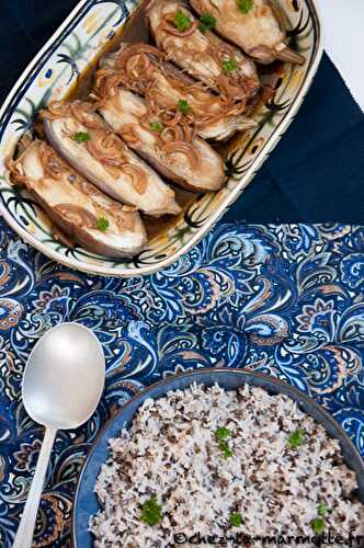 Aubergines vapeur au gingembre et pullao aux lentilles et noix de coco