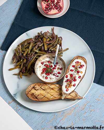 Haricots confits aux olives noires & aubergines au yaourt et à la grenade – Marmotte cuisine… veggie !