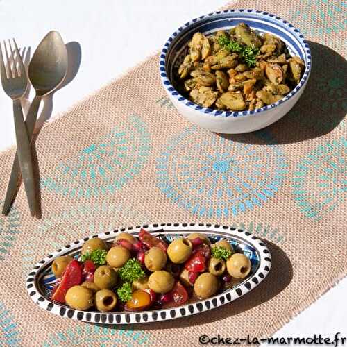 Salade d’olives syrienne et salade de fèves fraîches à la chermoula
