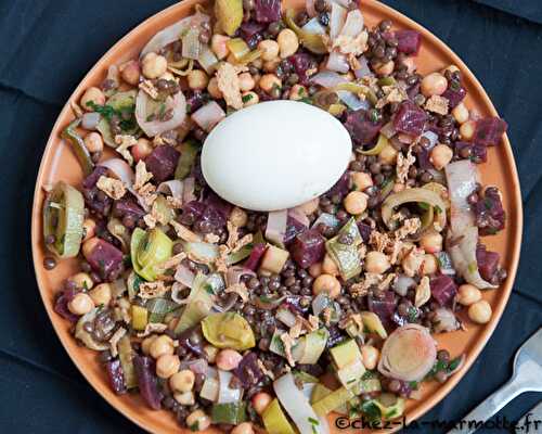 Salade de lentilles aux pois chiches, poireaux et betterave