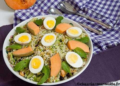 Salade de riz au melon, olives noires et concombre