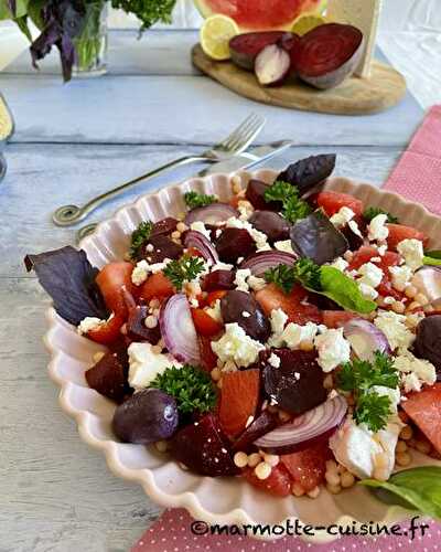 Salade de pâtes, betterave, pastèque et feta