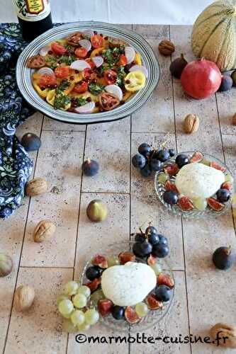 Salade de tomates à la grenade et burrata mi-figue mi-raisin