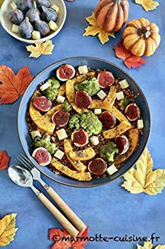 Salade de potimarron rôti, épeautre, figues et comté (Un fruit, trois recettes) 