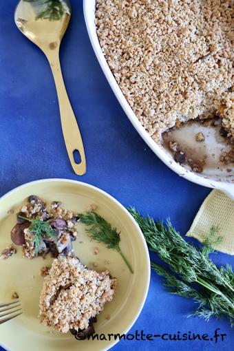 Crumble d’avoine aux champignons, châtaignes et patate douce