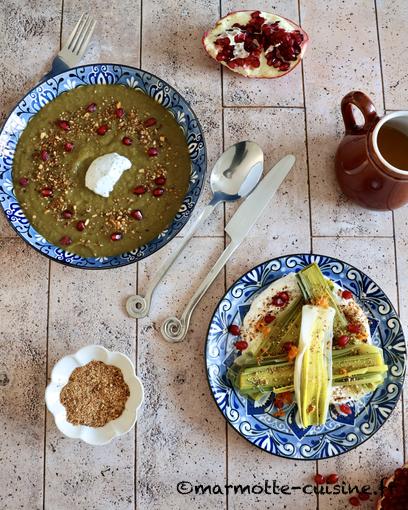 Soupe de pois cassés, rutabaga et verts de poireaux, poireaux au labneh et orange