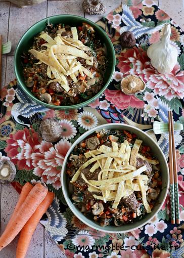 Japchae, nouilles aux légumes et au bœuf 