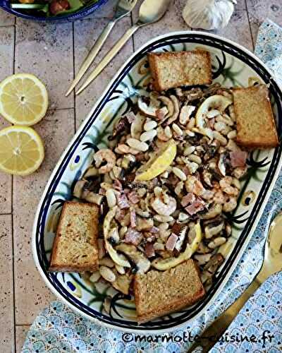 Crevettes aux haricots blancs, ail et citron au four 