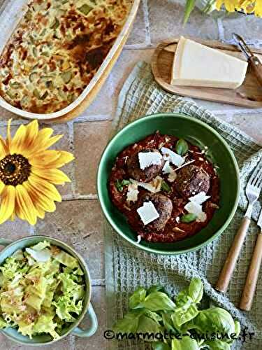 Gratin de courgettes et boulettes d’aubergine alla parmigiana 