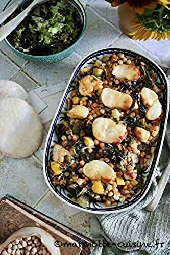 Blettes, pois chiches et halloumi au four