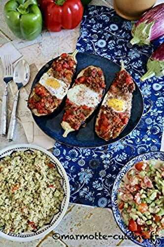 Aubergines farcies à la viande et aux œufs, taboulé au gaspacho (Un légume, trois recettes) 