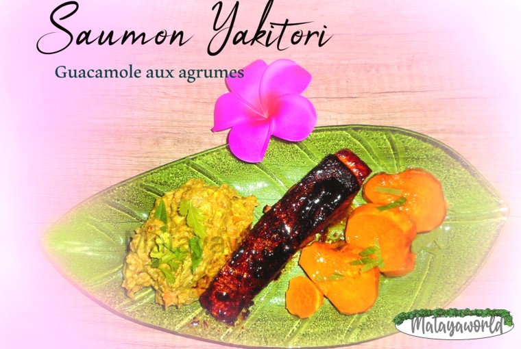 Pavé de saumon marinade yakitori sauce soja avec guacamole aux agrumes