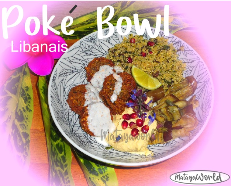 Poké bowl avec falafels, taboulet Libanais, houmous, aubergines