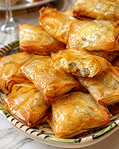 Petites enveloppes feuilletées de pâte filo au roquefort, chèvre et sirop d’érable