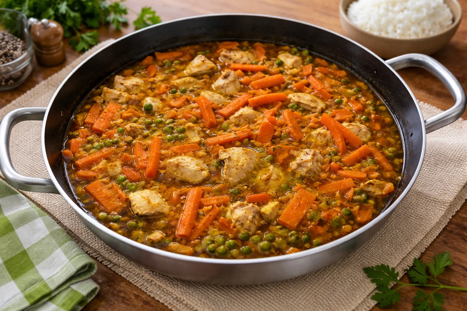 Poulet aux petits pois et aux carottes façon tajine, simple et savoureux