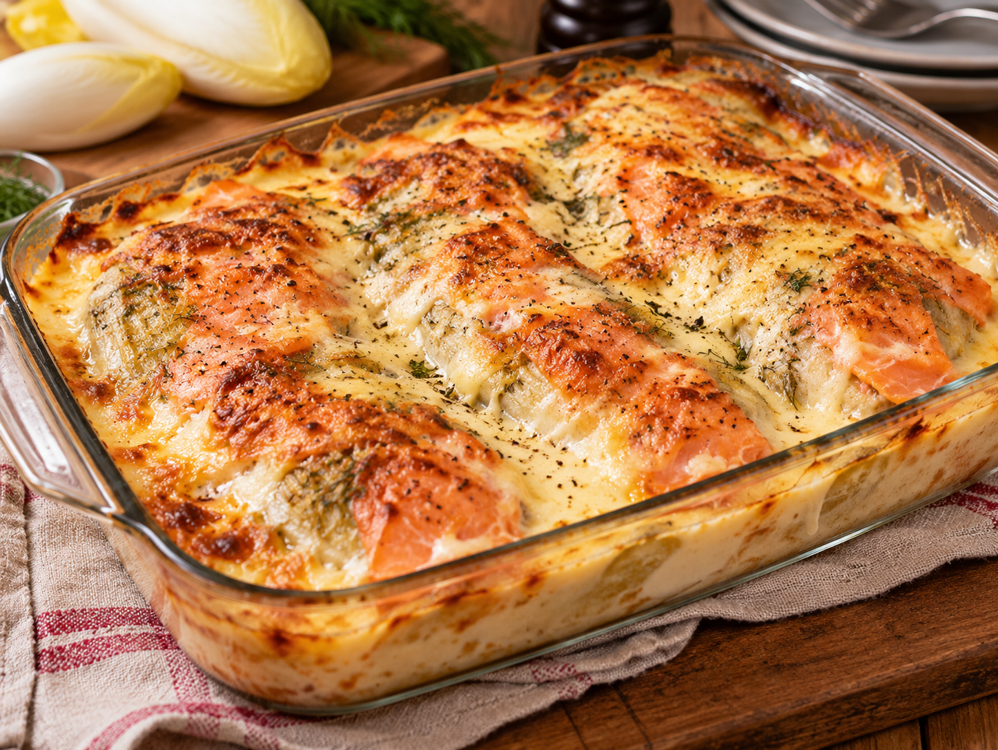 Endives au saumon fumé gratinées, crème à l’aneth et comté doré