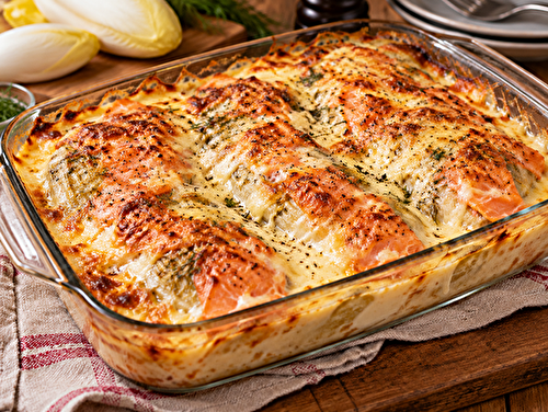 Endives au saumon fumé gratinées, crème à l’aneth et comté doré