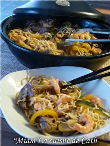 WOK de Nouilles Chinoises Crevettes -Bœuf et légumes