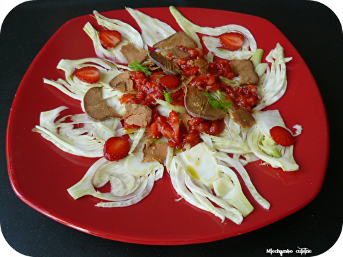 Carpaccio de Fenouil, Tartare de Fraises, Poutargue de Thon et Vinaigrette Fruitée