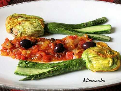 COURGETTES FLEURS FARCIES A LA RICOTTA et quelques fleurs de plus.