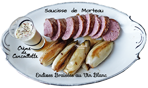 Endives braisées au vin blanc, saucisse de Morteau et crème de cancoillotte