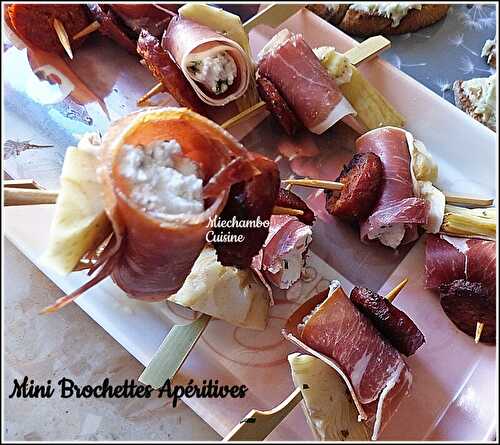 Mini brochettes au chorizo, artichauts et rouleaux de jambon au chèvre