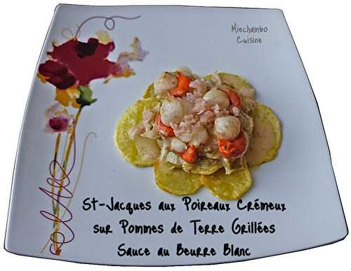 Saint Jacques aux poireaux crémeux sur pommes de terre grillées, beurre blanc au citron
