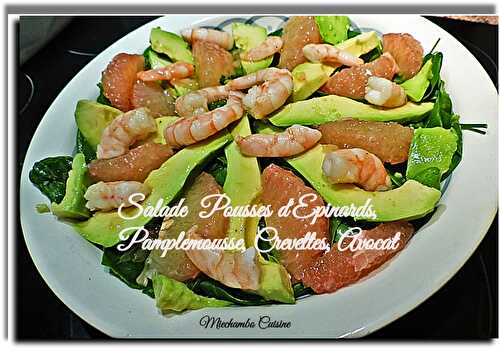 Salade pousses d'épinards, avocats et pamplemousses aux crevettes