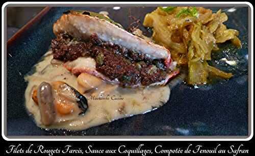 Filets de rougets farcis, sauce aux coquillages, compotée de fenouil au safran.