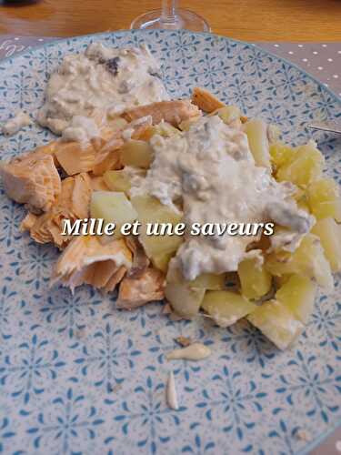 Saumon frais, pomme de terre et sauce aux champignons