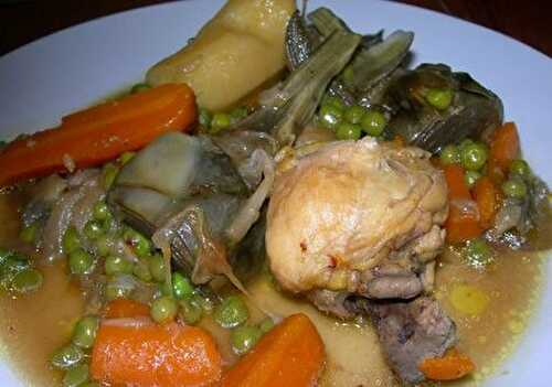 Poulet aux artichauts carottes et petits pois