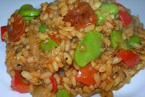 Risotto au chorizo aux fèves et aux poivrons piquillos