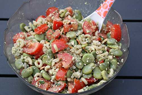 C’est l’été alors c’est le moment de se raconter plein de salades : Salade vegan de pâtes, tomates, fèves & tofu lactofermenté au pesto