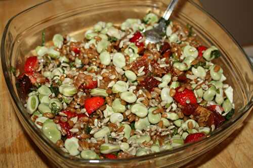 Dès qu'arrive l'été je mets des fruits partout: salade d'épeautre aux fèves, aux fraises et à plein d'autres choses