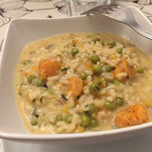 Mon risotto courge et chèvre aux petits pois.