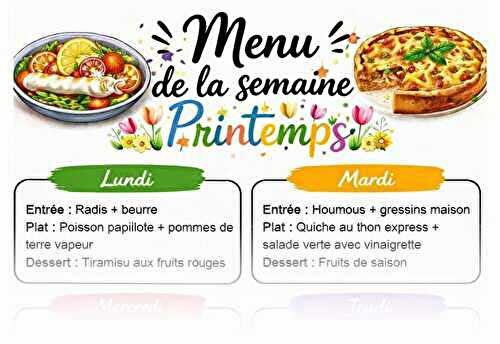 Menu de la semaine printemps : 7 repas légers et de saison