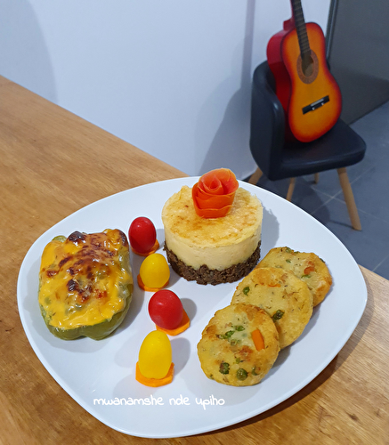 Hachis Parmentier, poivrons farcis et galettes de légumes