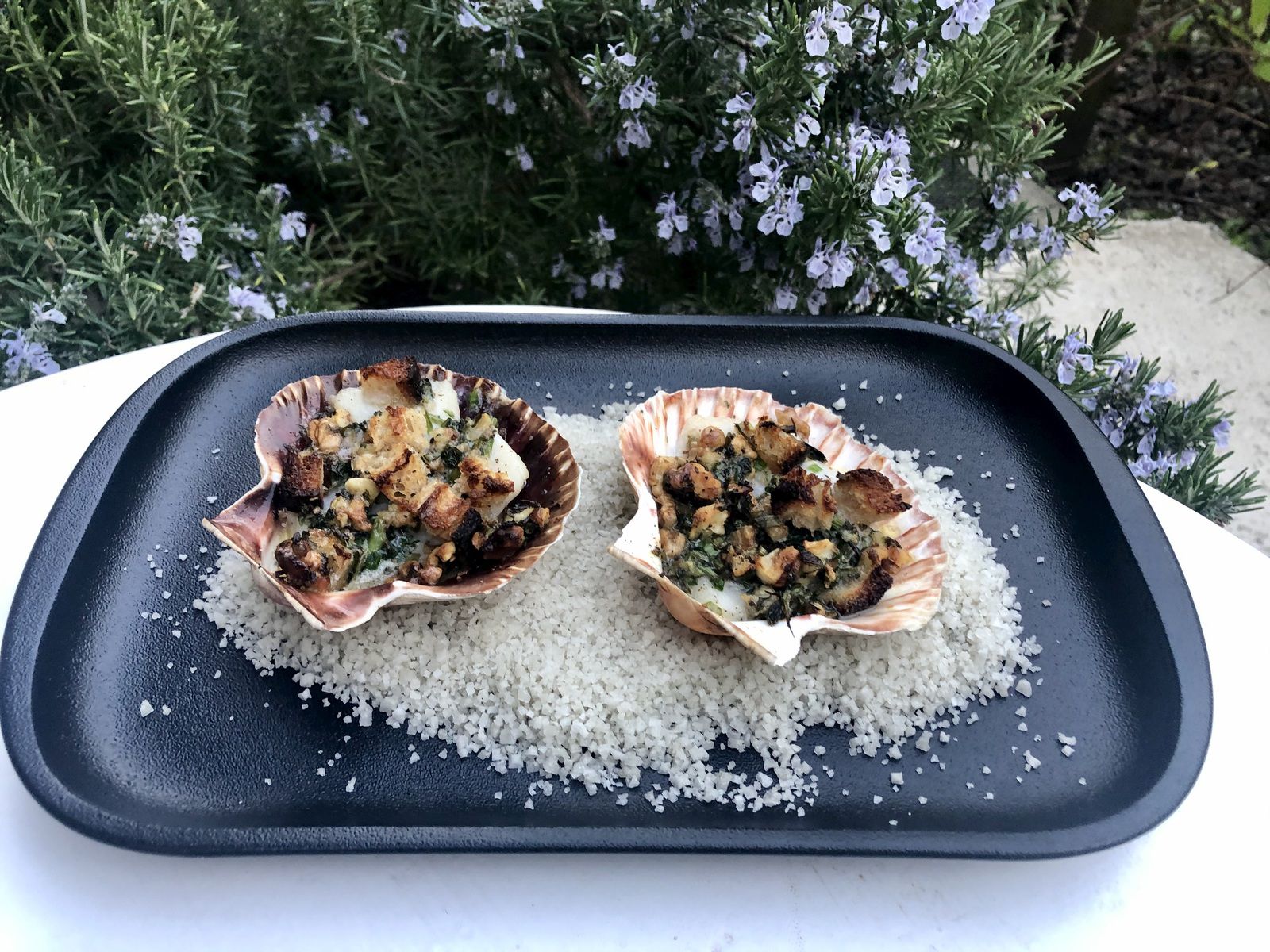 Coquilles saint jacques, beurre de noix et croûtons 