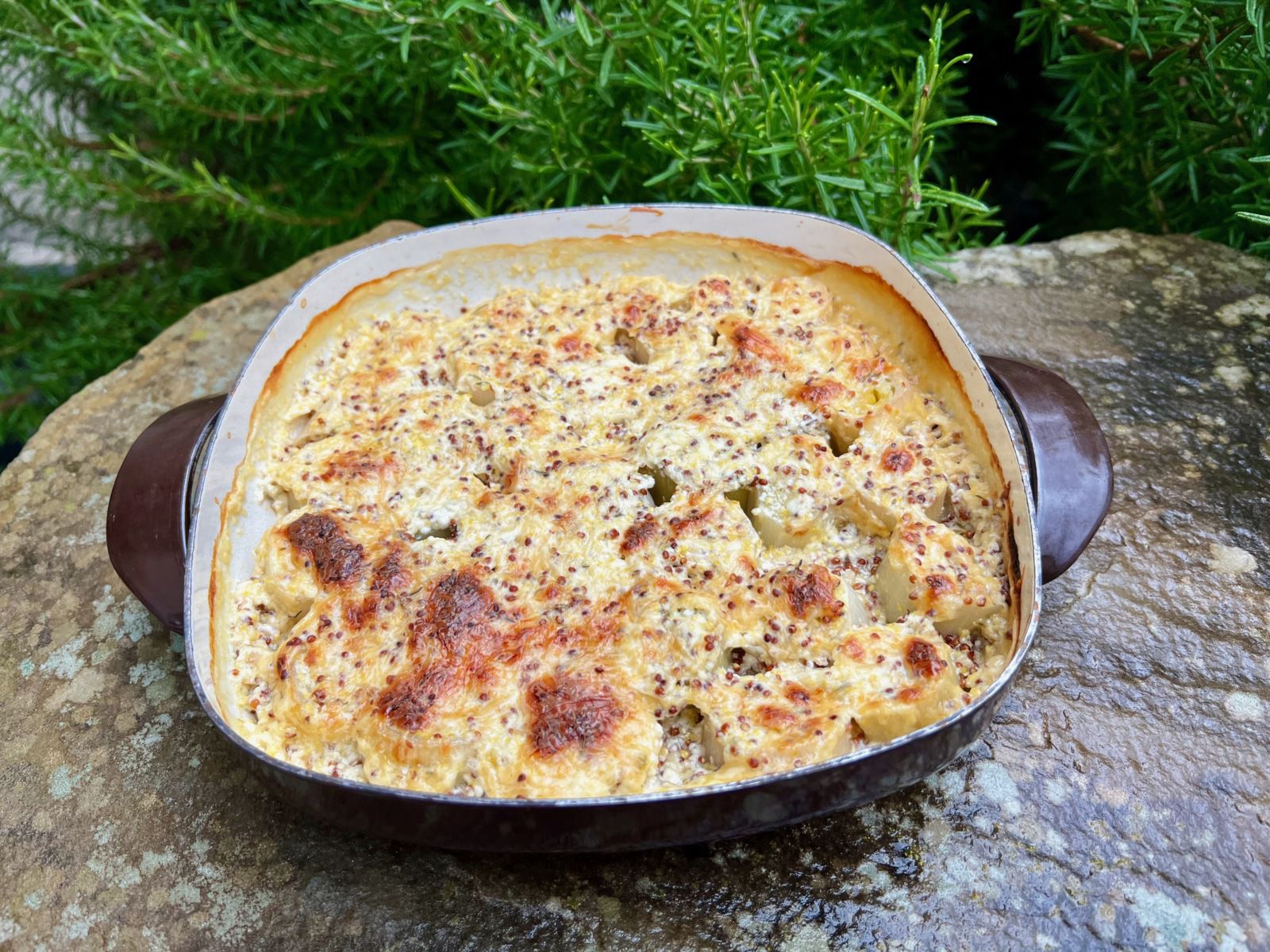 Gratin de poireaux à la moutarde à l’ancienne 