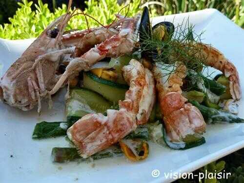 Comment réaliser Poêlée d'asperges vertes et langoustines, moules et tagliatelles de courgette