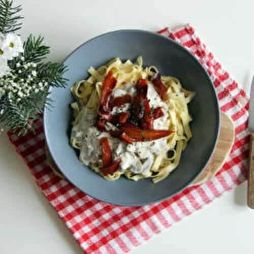 Tagliatelles au "fauxmon", St Môret et champignons