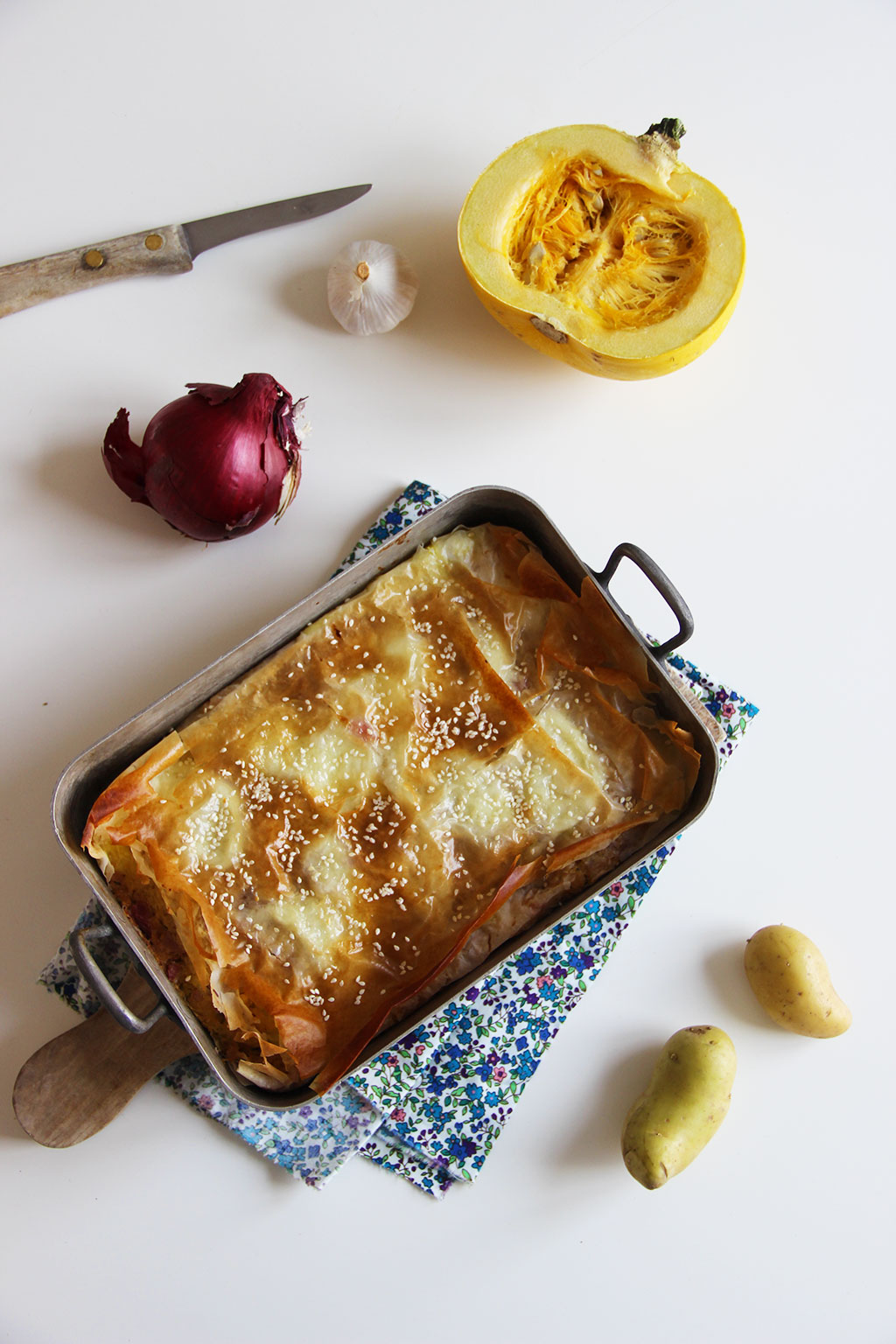 Gratin de pommes de terre, courgettes, mozzarella en pâte filo