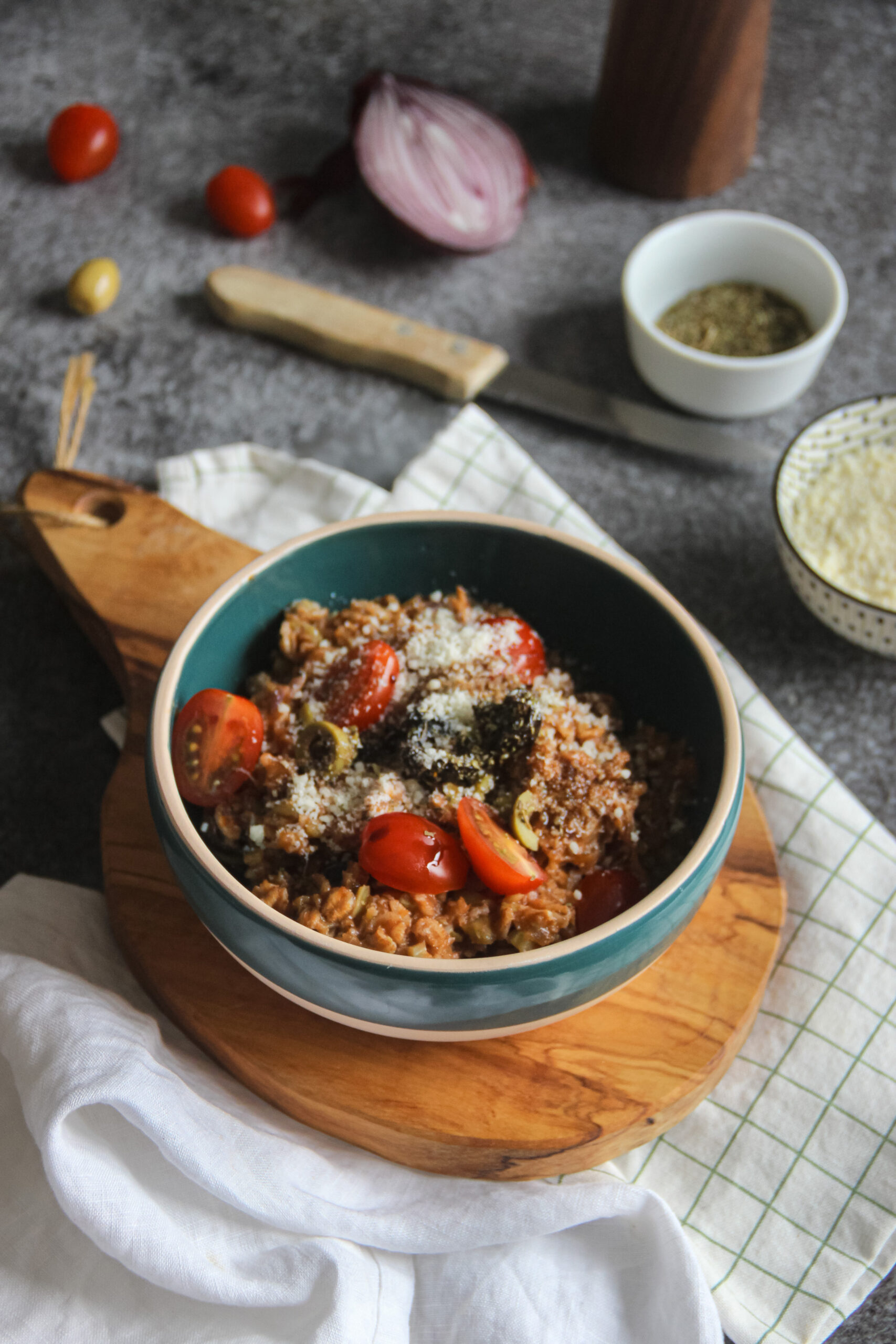 Flocons d'épeautre au brocoli tomate parmesan