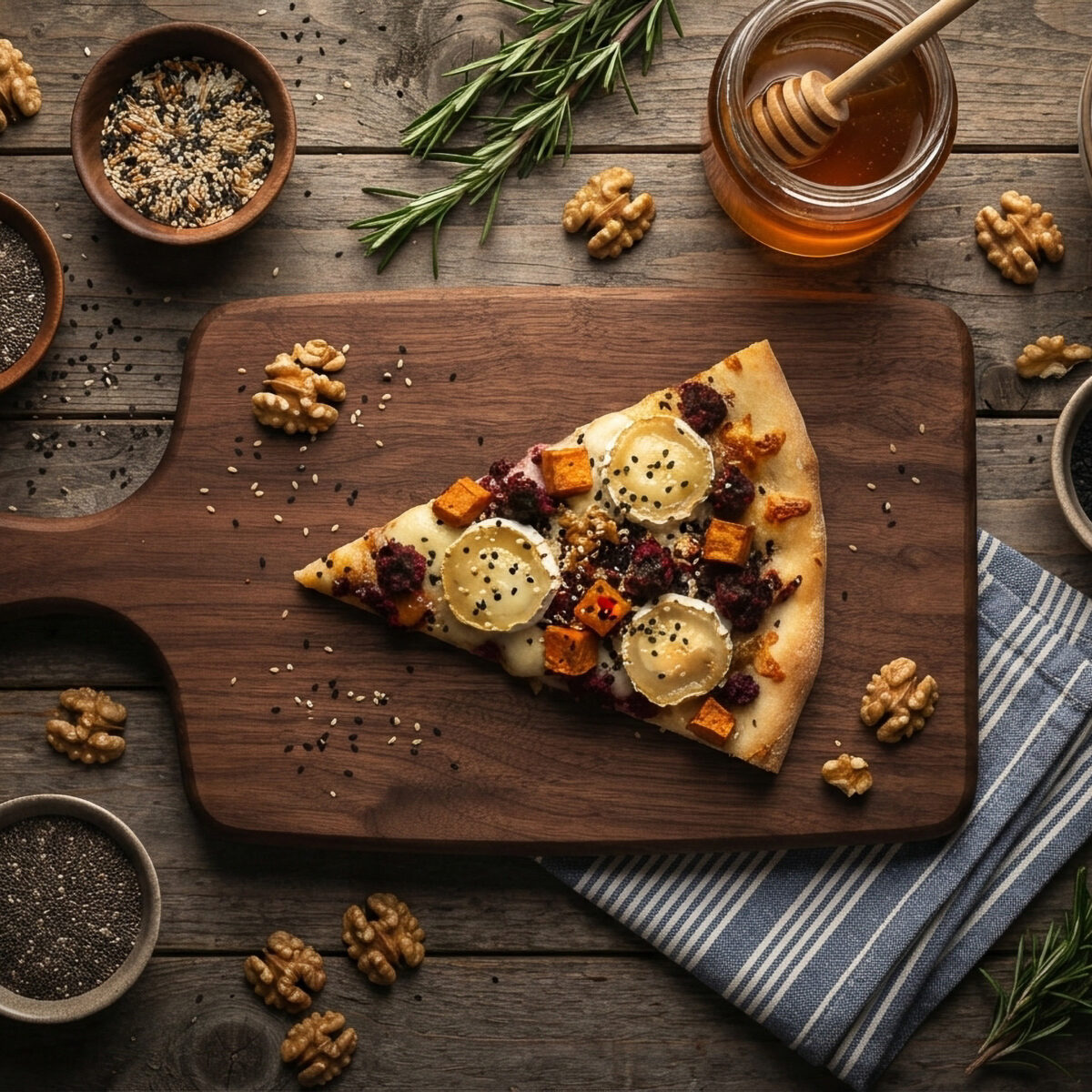Pizza au chèvre, patate douce et miel
