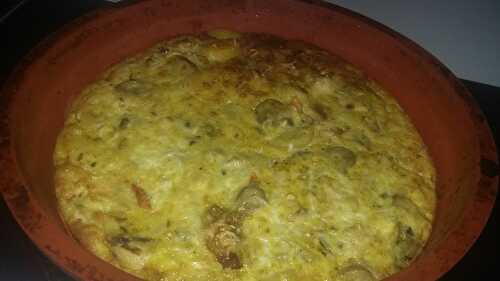 Tortillla de Pomme de terre, poivrons, champignons, poulet au four