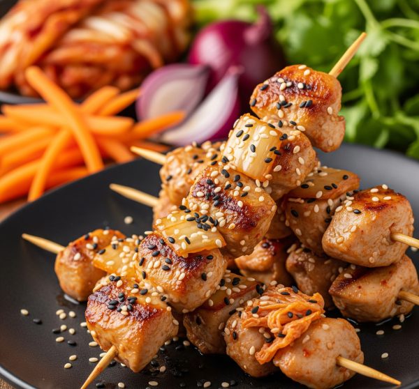 Brochettes de poulet laqué au kimchi et sésame