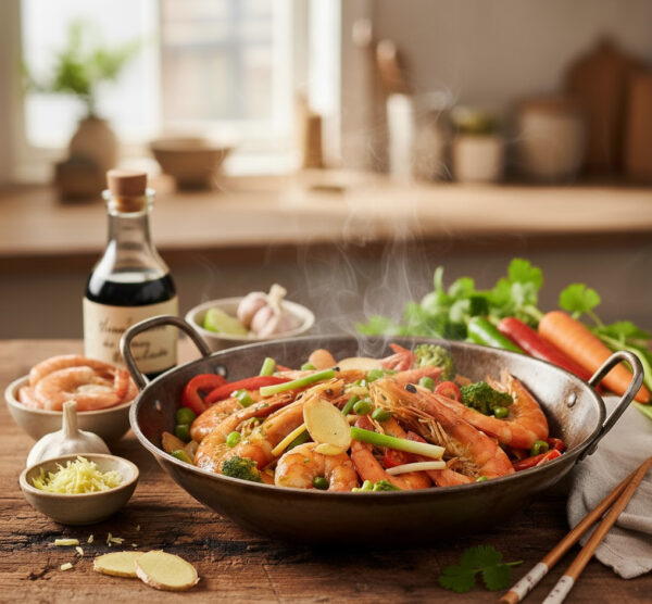Wok de gambas au gingembre
